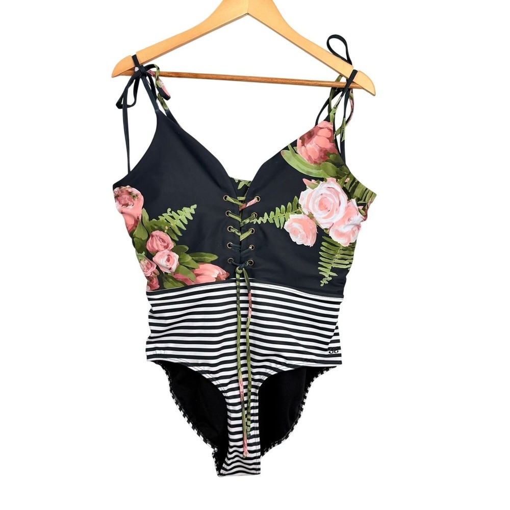 NWOT Albion Fit Floral Striped Lace Up One Piece Swimsuit Black Pink White XL‎